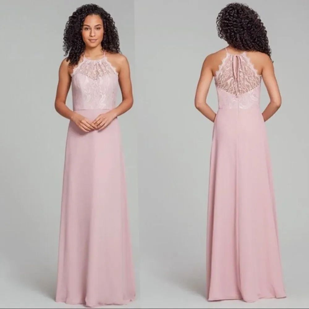Hayley Paige 5861 Chiffon A-Line Lace-Detail Halter Gown size 14 in Dusty Rose.